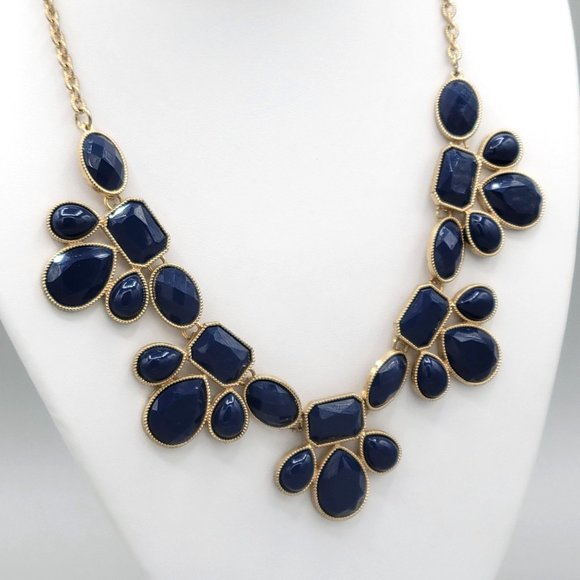 Womens Gold Tone Link Statement Necklace Dark Blue Acrylic Cabochon Beads - Picture 2 of 6